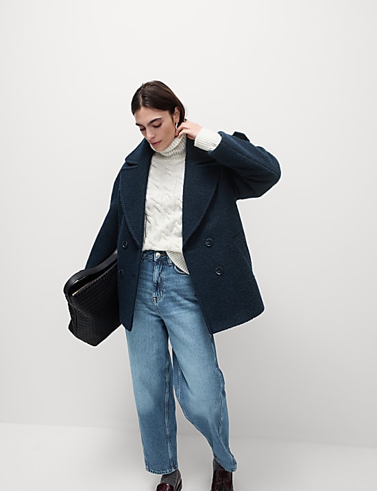 Double Breasted Short Peacoat with Wool