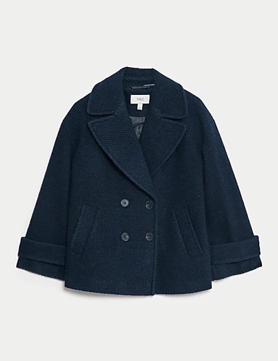 Double Breasted Short Peacoat with Wool