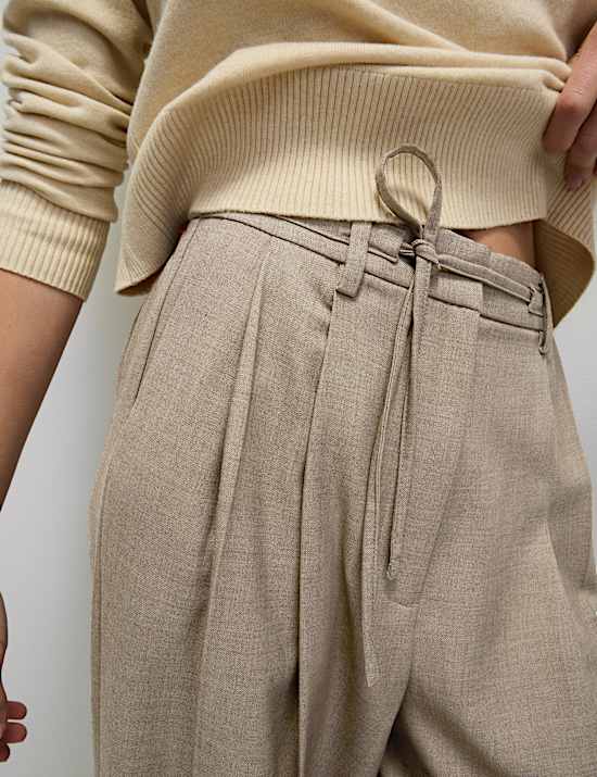 Pleat Front Drawstring Wide Leg Trousers