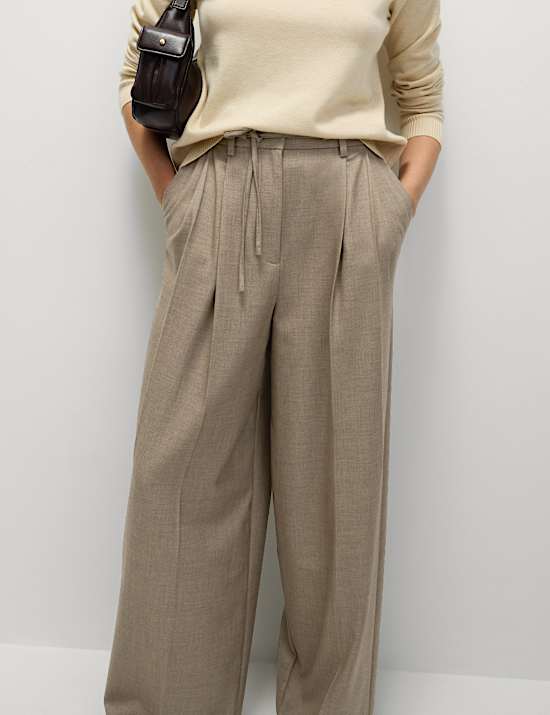 Pleat Front Drawstring Wide Leg Trousers