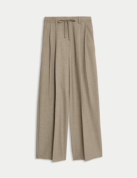 Pleat Front Drawstring Wide Leg Trousers