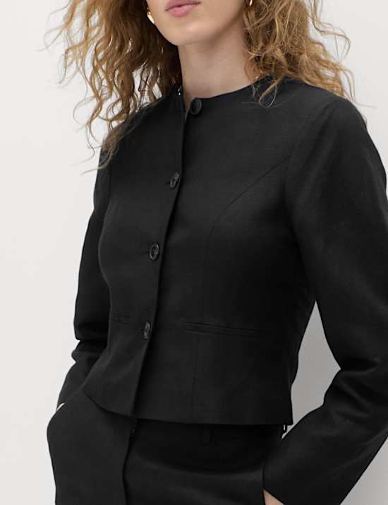 Linen Viscose Blend Collarless Jacket