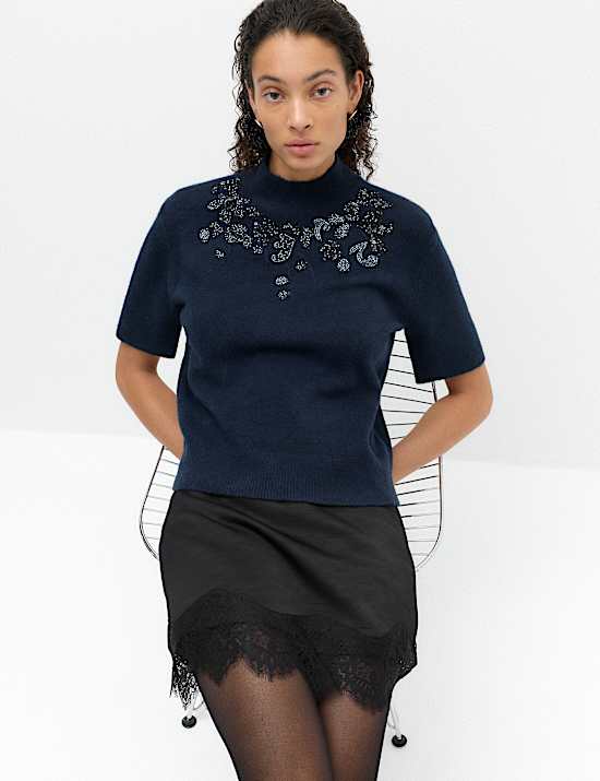 Satin Textured Lace Detail Mini Slip Skirt