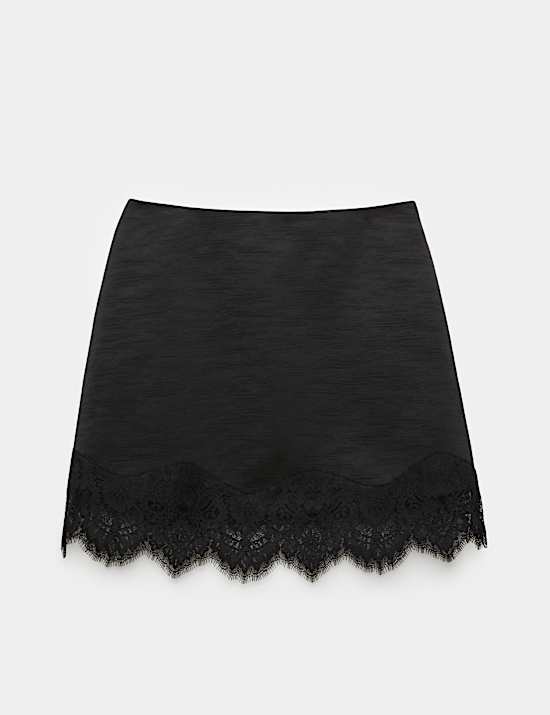 Satin Textured Lace Detail Mini Slip Skirt