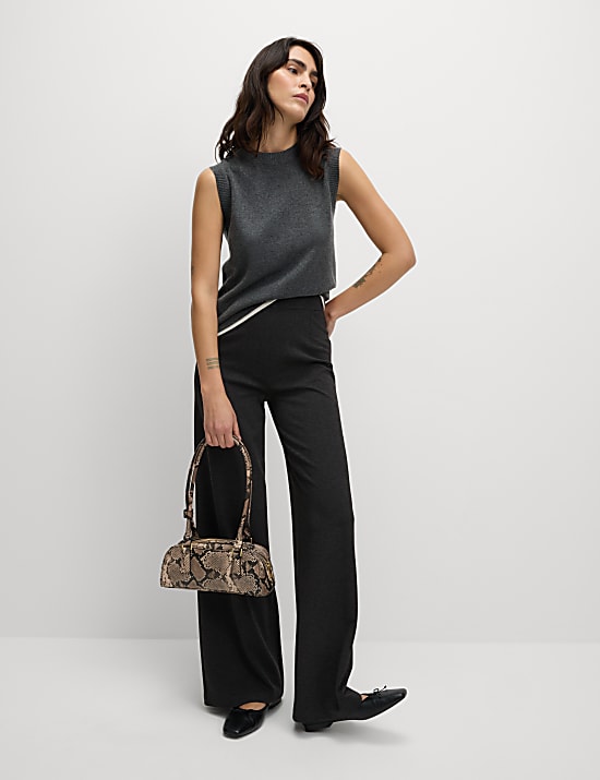 Jersey broek met stretch en wijde pijpen