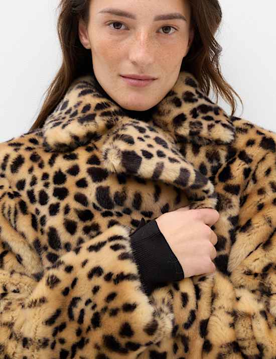 Faux Fur Leopard Print Single Breasted Longline Coat