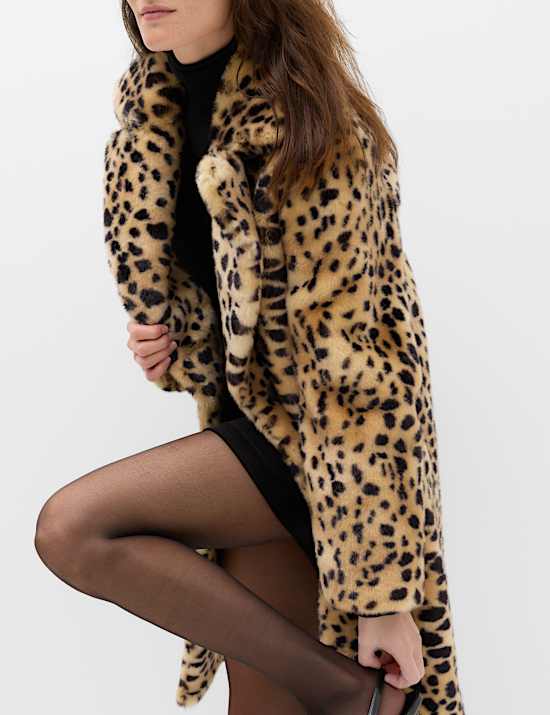 Faux Fur Leopard Print Single Breasted Longline Coat