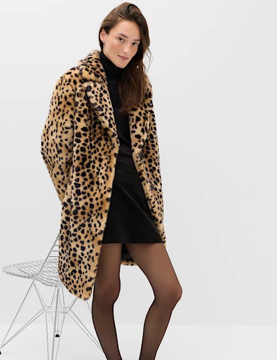 Faux Fur Leopard Print Single Breasted Longline Coat