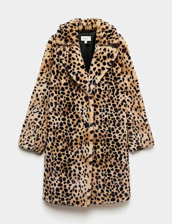 Faux Fur Leopard Print Single Breasted Longline Coat