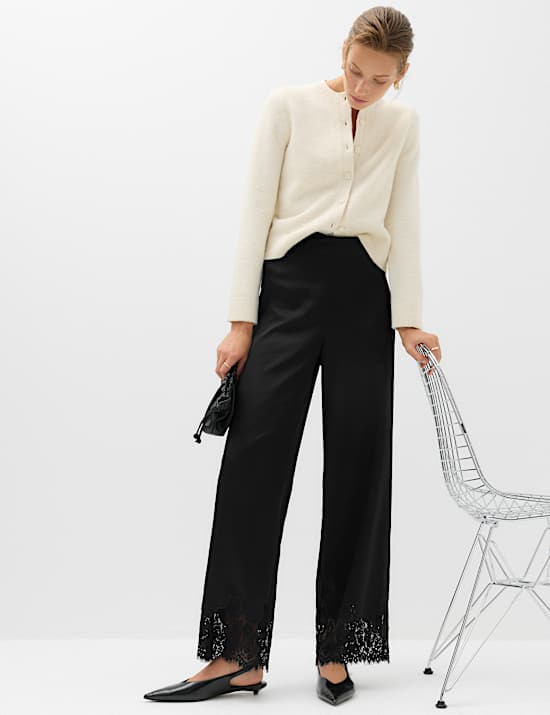 Satin Lace Hem Straight Leg Trousers