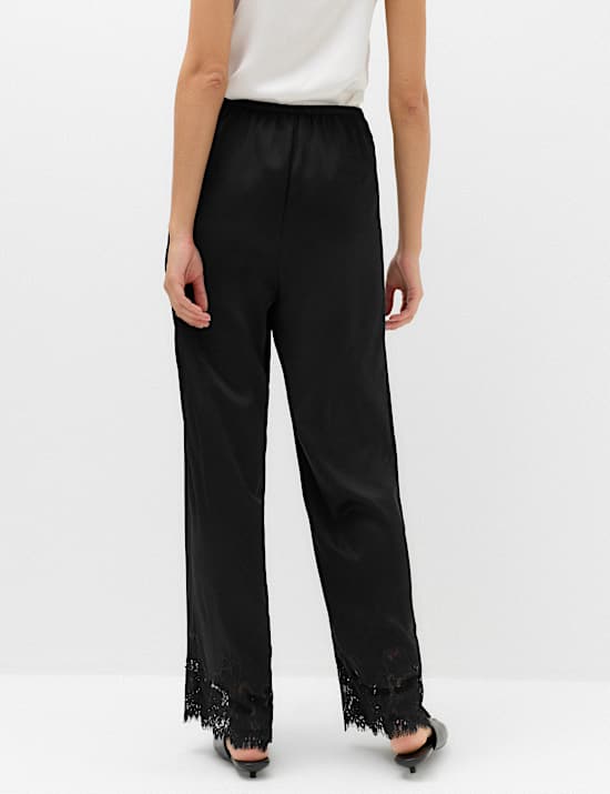 Satin Lace Hem Straight Leg Trousers