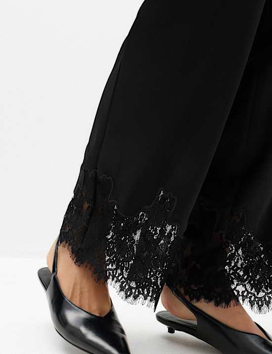 Satin Lace Hem Straight Leg Trousers