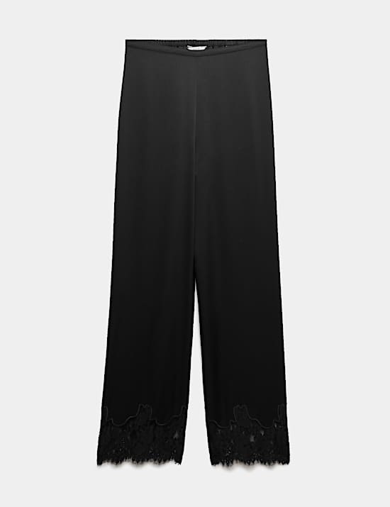 Satin Lace Hem Straight Leg Trousers