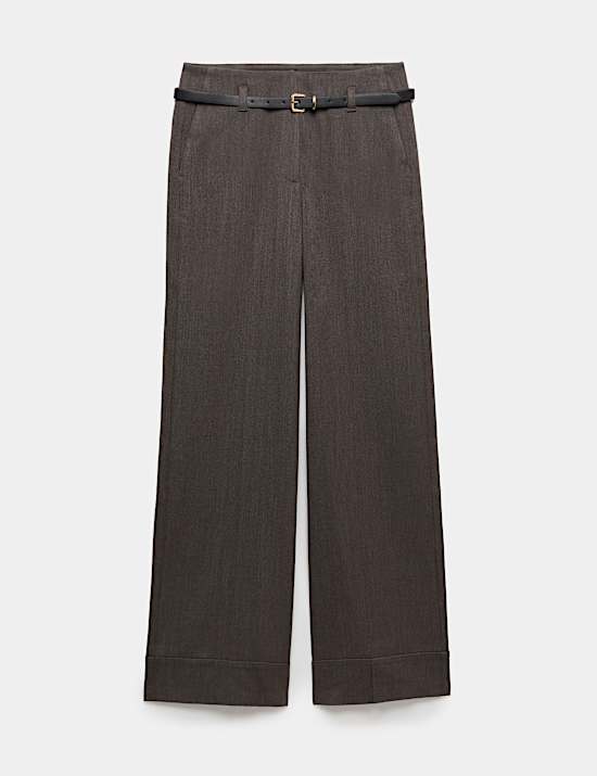 Herringbone Belted Straight Leg Trousers