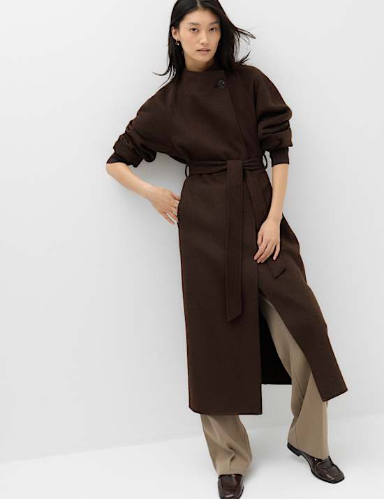 Wool Blend Belted Funnel Neck Longline Wrap Coat