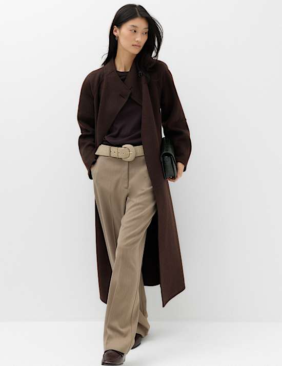 Wool Blend Belted Funnel Neck Longline Wrap Coat