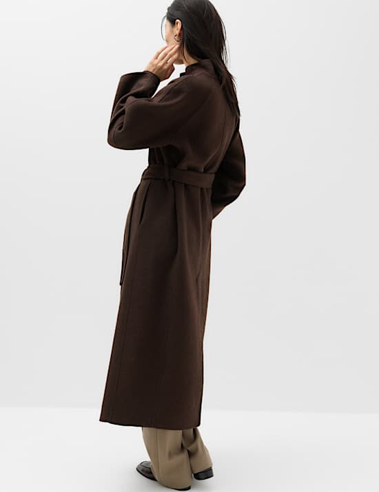 Wool Blend Belted Funnel Neck Longline Wrap Coat