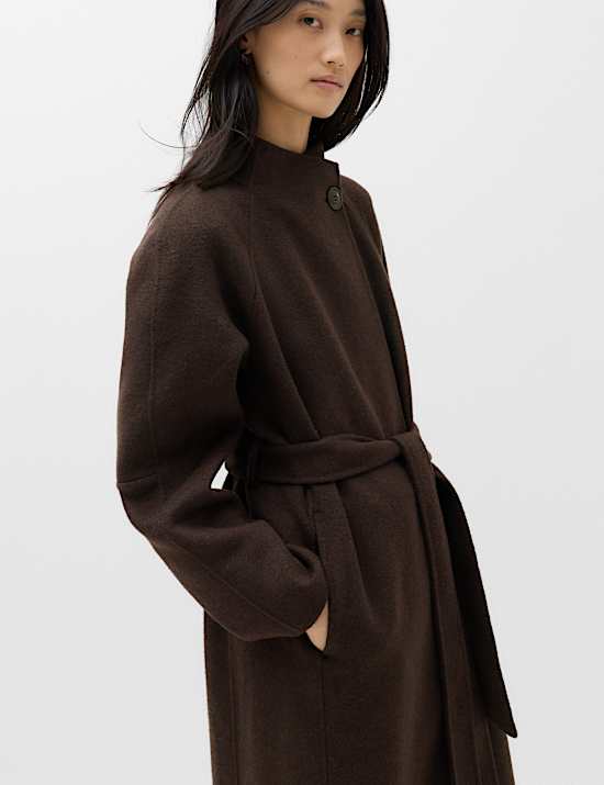 Wool Blend Belted Funnel Neck Longline Wrap Coat