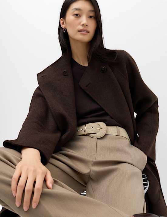 Wool Blend Belted Funnel Neck Longline Wrap Coat