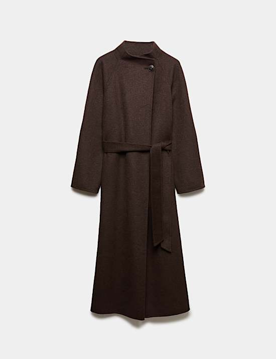 Wool Blend Belted Funnel Neck Longline Wrap Coat
