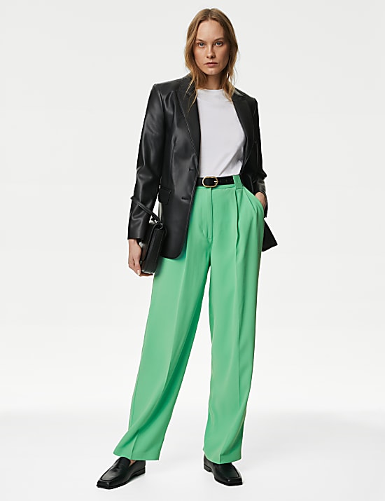 Crepe Pleat Front Straight Leg Trousers