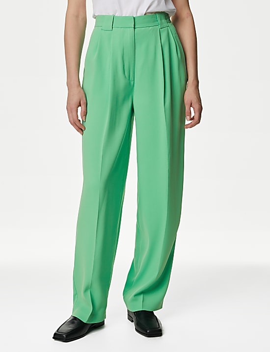 Crepe Pleat Front Straight Leg Trousers