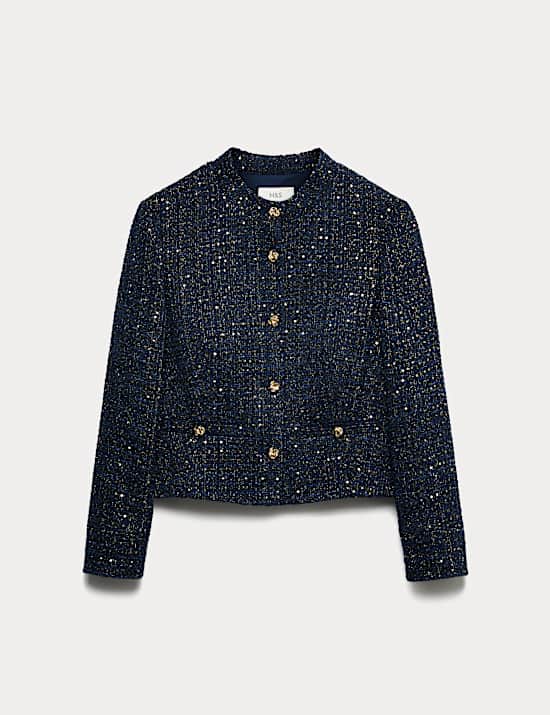 Tweed Sparkly Collarless Blazer with Wool