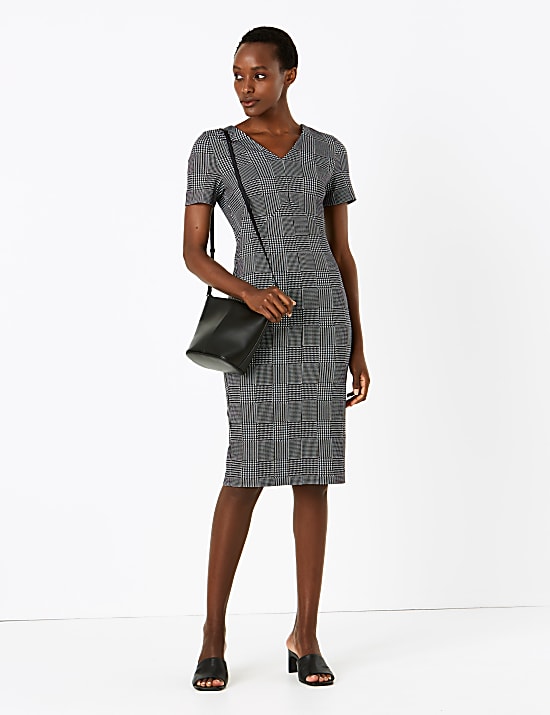 Jersey Checked V-Neck Midi Tailored Dress