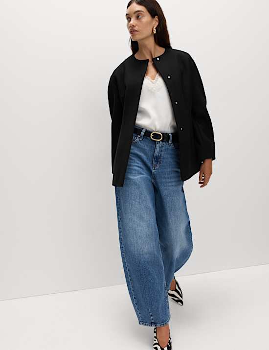 Waisted Collarless Tailored Coat with Wool