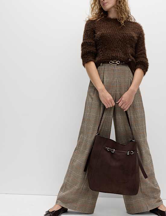 Checked Side Tab Back Pleated Trousers