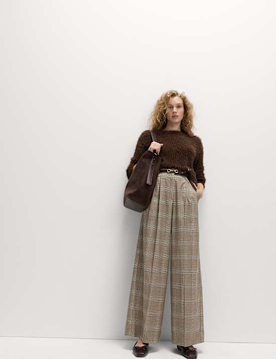 Checked Side Tab Back Pleated Trousers