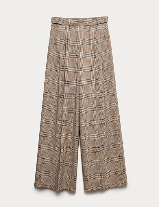 Checked Side Tab Back Pleated Trousers