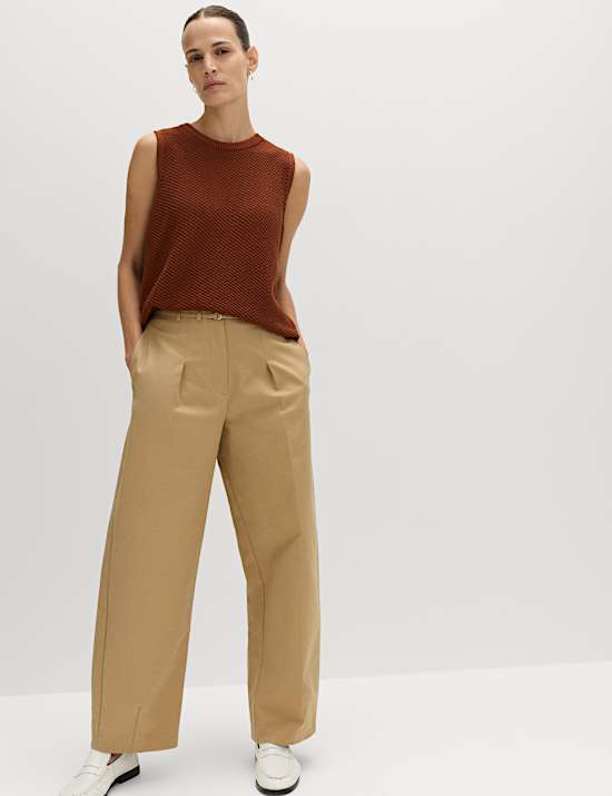 Cotton Rich Belted Barrel Leg Trousers