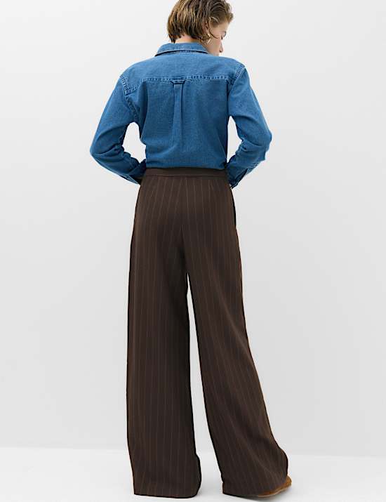 Pinstripe Pleat Front Wide Leg Trousers