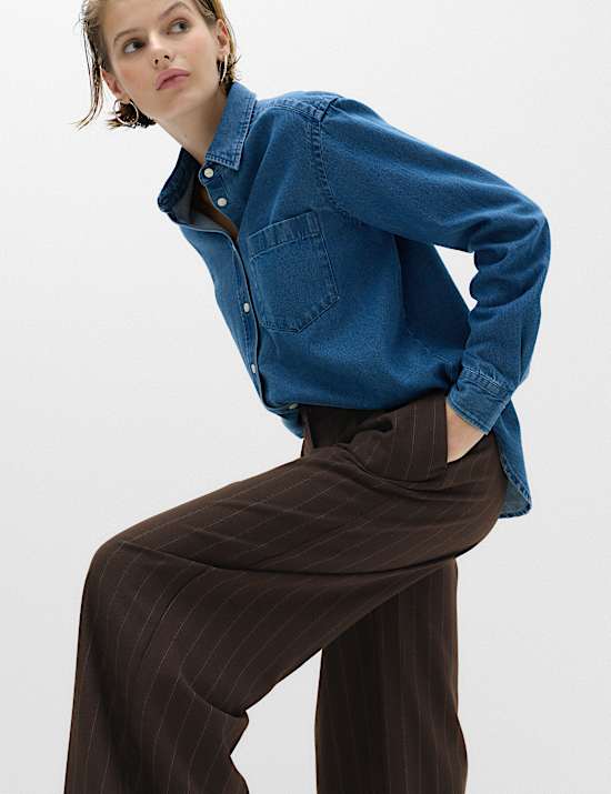 Pinstripe Pleat Front Wide Leg Trousers