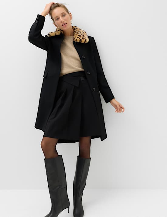 Faux Fur Animal Print Collared Coat with Wool