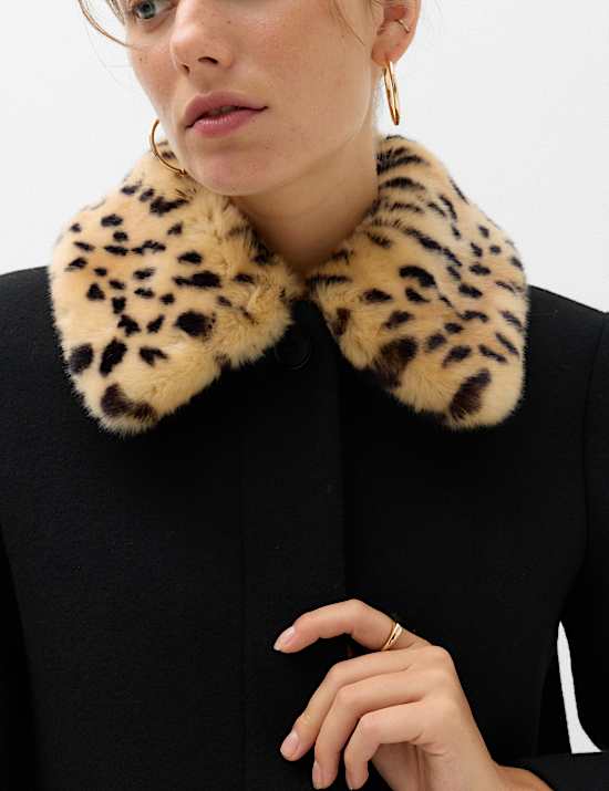 Faux Fur Animal Print Collared Coat with Wool