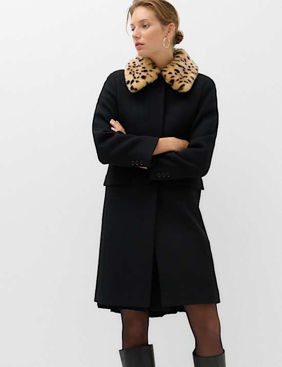 Faux Fur Animal Print Collared Coat with Wool