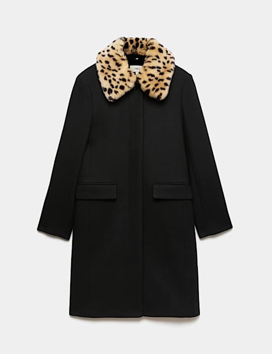 Faux Fur Animal Print Collared Coat with Wool