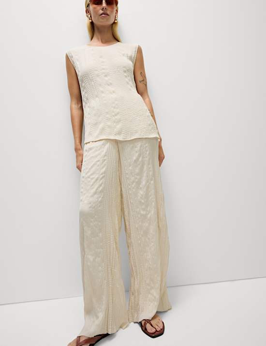 Plisse Wide Leg Trousers