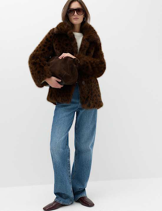 Faux Fur Leopard Print Collared Short Jacket