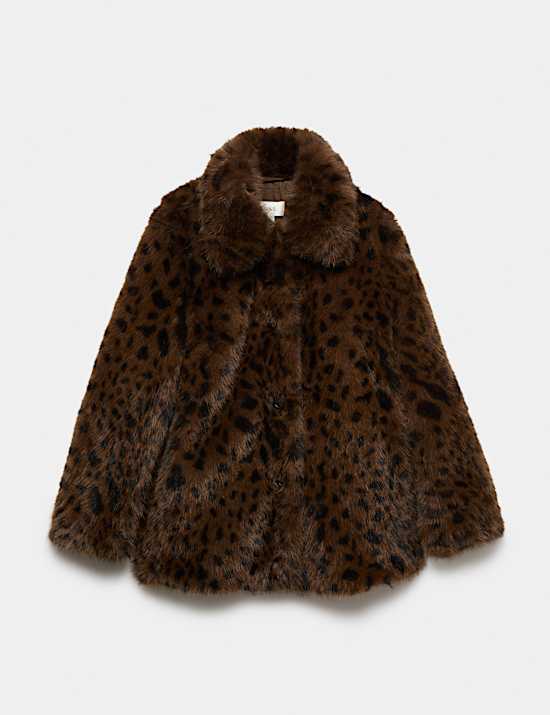 Faux Fur Leopard Print Collared Short Jacket