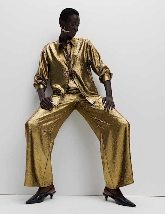 Satin Metallic Drawstring Wide Leg Trousers