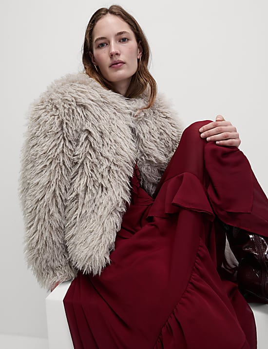 Faux Fur Collarless Short Coat