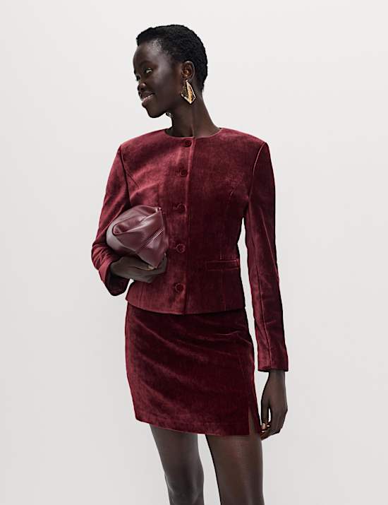 Mottled Velvet Side Split Mini A-Line Skirt