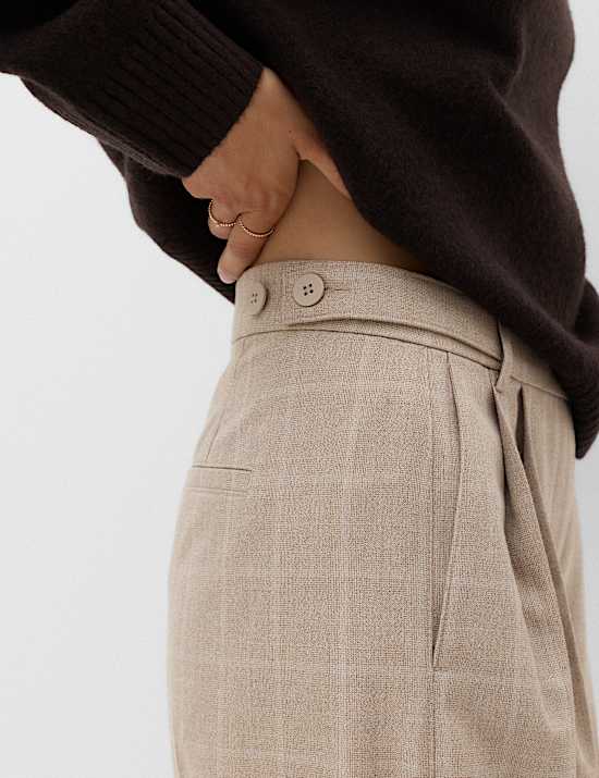Checked Double Pleat Wide Leg Trousers