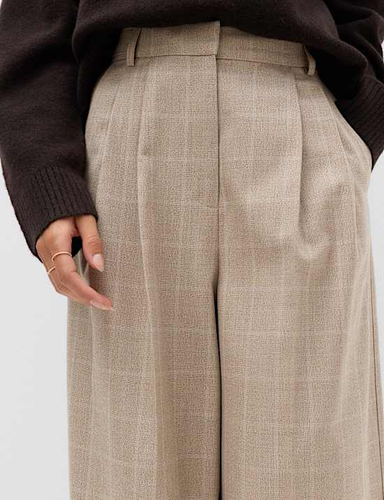 Checked Double Pleat Wide Leg Trousers