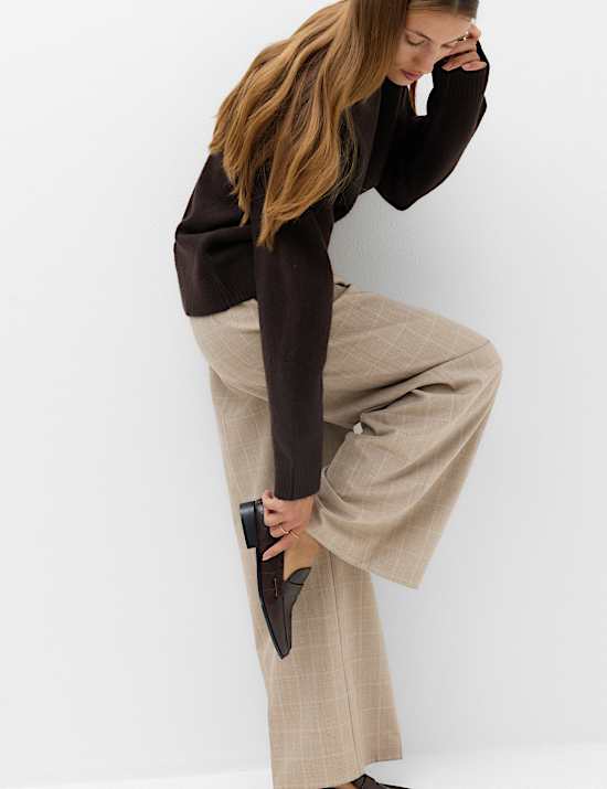 Checked Double Pleat Wide Leg Trousers