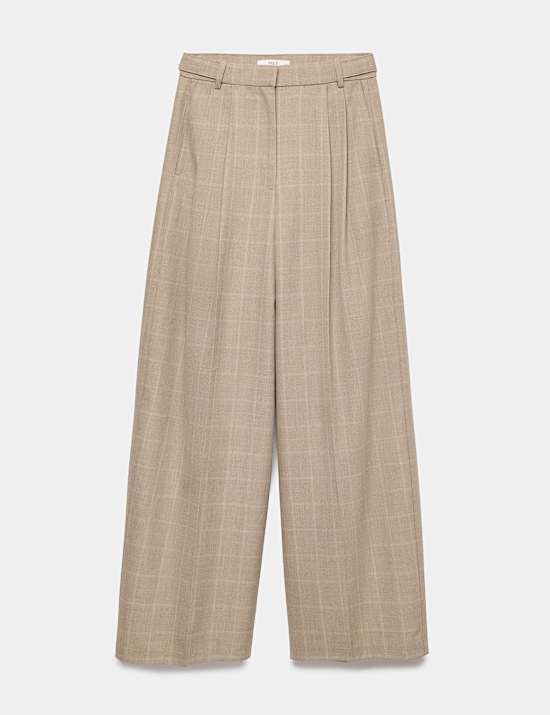 Checked Double Pleat Wide Leg Trousers