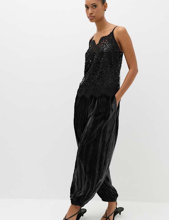 Velvet Pleat Front Barrel Leg Trousers